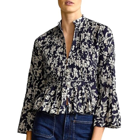 New Polo RL 100% Cotton Floral Pintuck Belted Blouse Navy 10 $198 - Picture 1 of 7